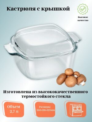 Квадратная кастрюля с крышкой из термостойкого стекла 2,7л "Забава"